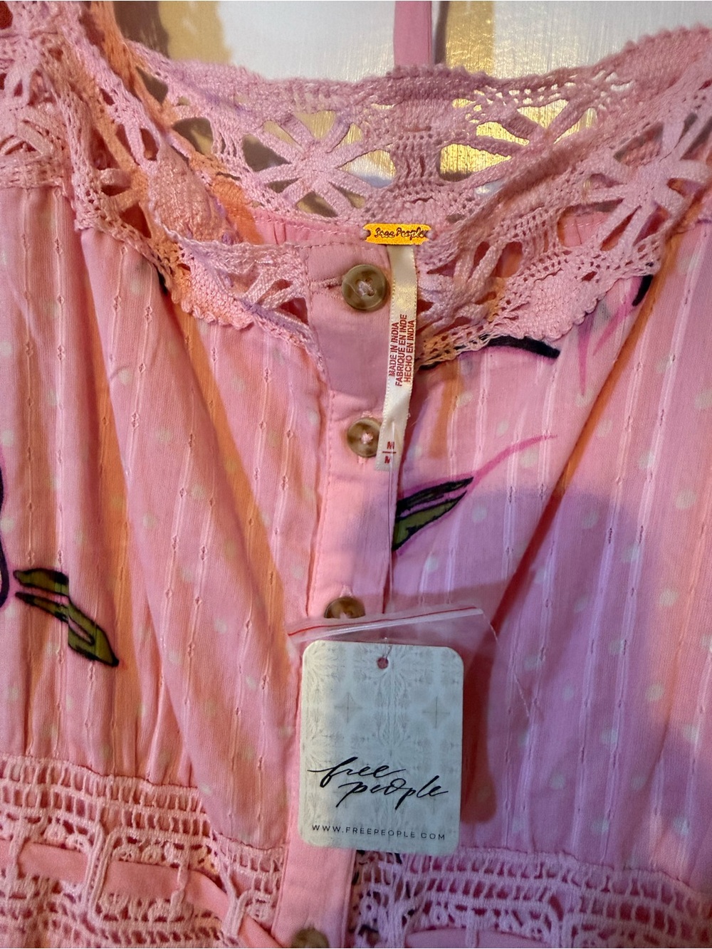 NEW Free People Pink Floral Maxi Dress, sleeves, size M, cotton, crochet detail - Picture 9 of 11